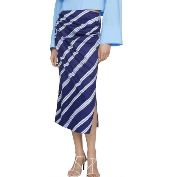 MANGO Salome Stripe Cotton Midi Skirt with Slit in Blue Womens Size 2 - Picture 1 of 10